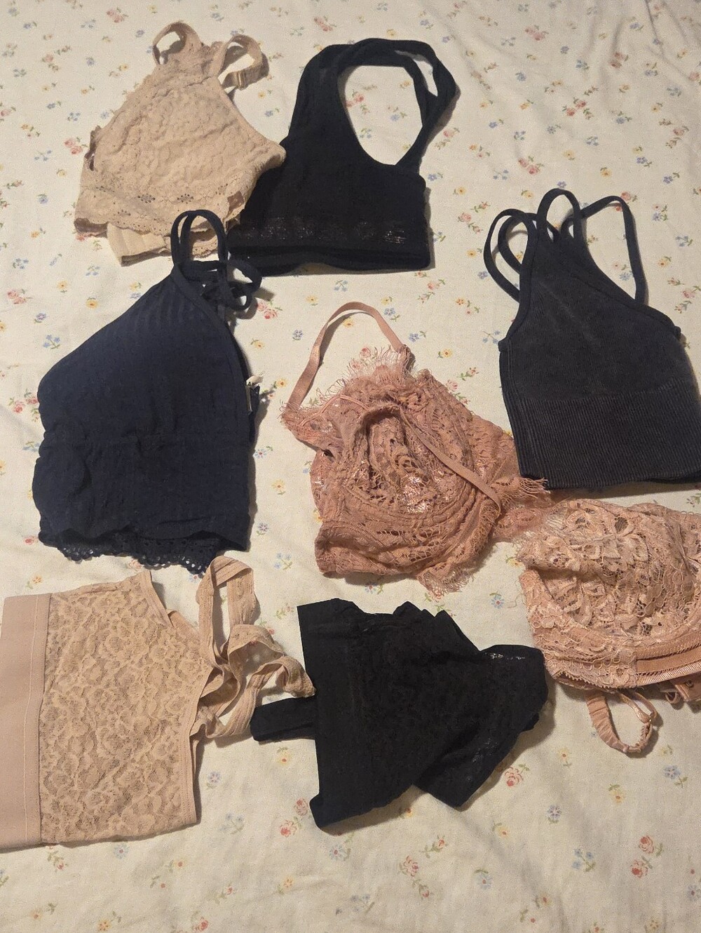 Black and Blush Lace Bralette Set - Women Intimates Bundle Of 8 Items (Small- M)